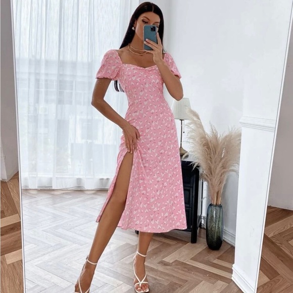 SHEIN VCAY Ditsy Floral Print Split Hem Dress - Picture 3 of 5